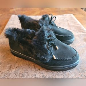 Black Faux Suede & Fur House Shoes Slippers